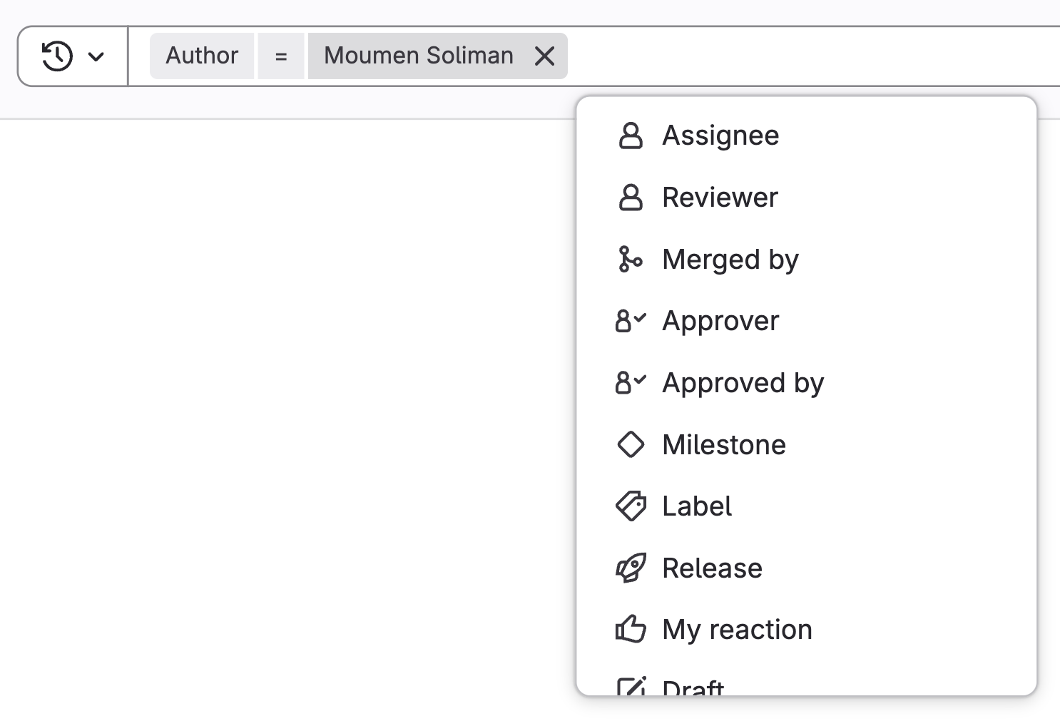 GitLab search bar with an Author = Moumen Soliman token, and the field list open below it: Assignee, Reviewer, Merged by, Approver, Approved by, Milestone, Label, Release, My reaction, Draft